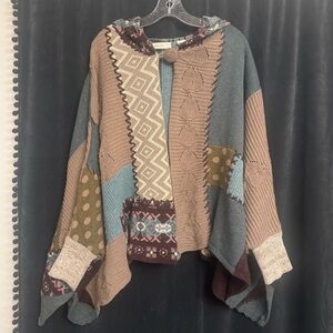 Anthropologie Sleeping on Snow Patchwork Hooded Cape Shawl Rare Sweater Boho